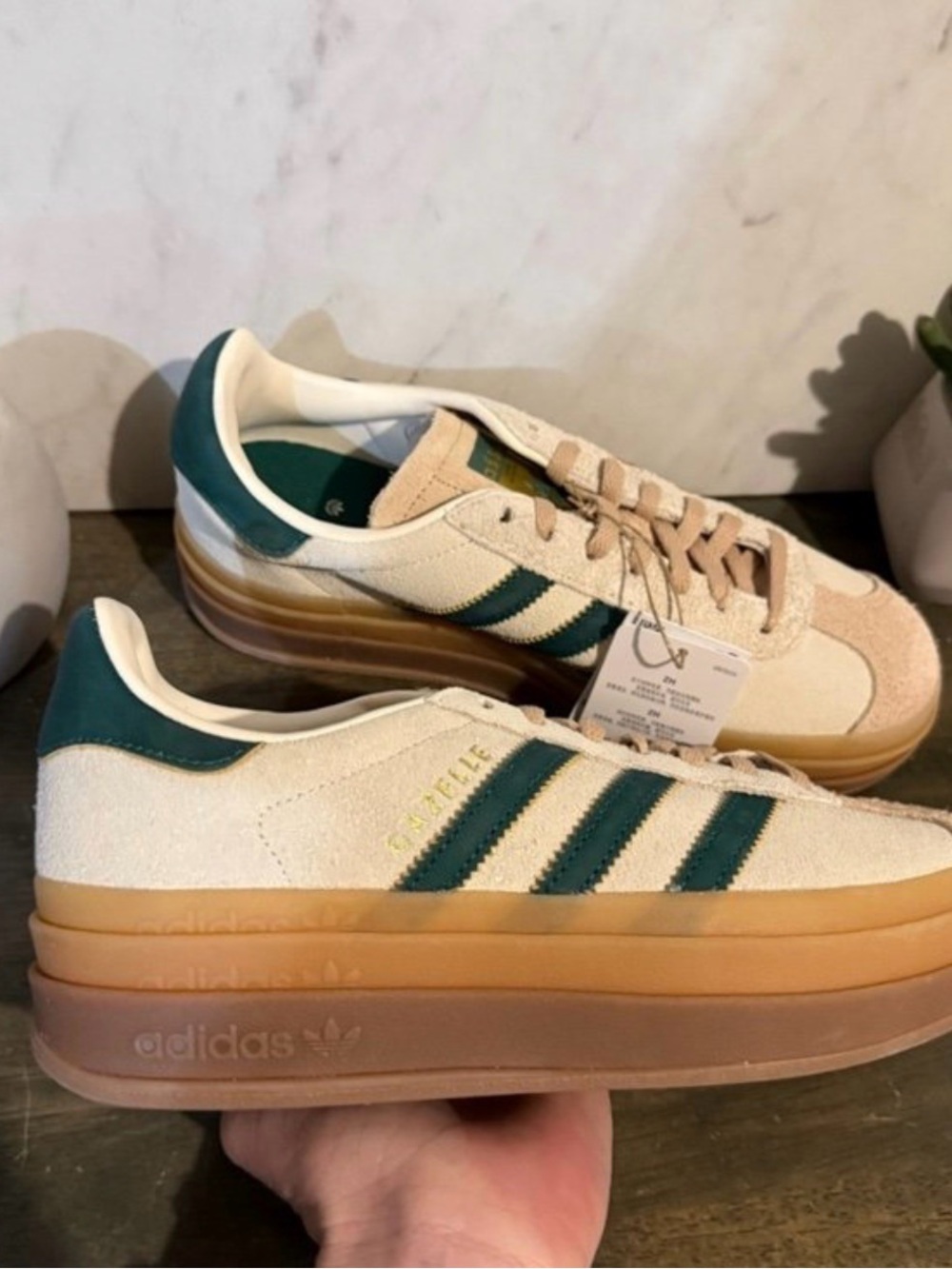 adidas Platform Sneaker in Cream with Green Stripes and Gum Sole